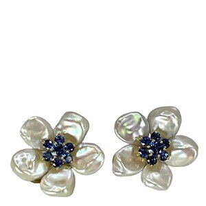 Seaman Schepps Yellow Gold Baroque Cultured Pearl and Sapphire Flower Earrings